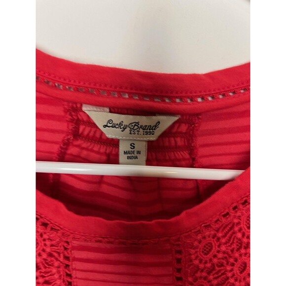 Lucky Brand Shirt Womens Small Red Stripe Lace Crochet Boho Tunic Top 3/4 Sleeve - Picture 2 of 6